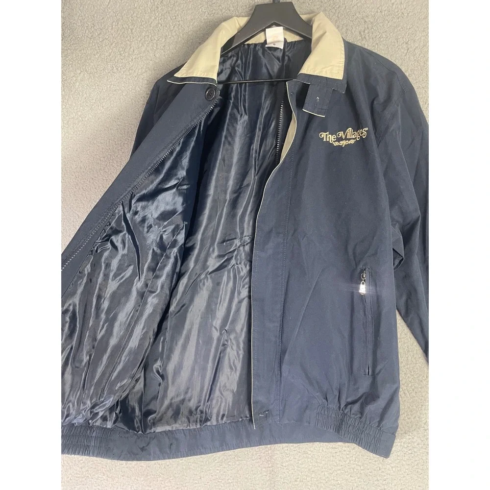 The Villages Navy Windbreaker Jacket Small Vintage Florida Golf Lined Zip
